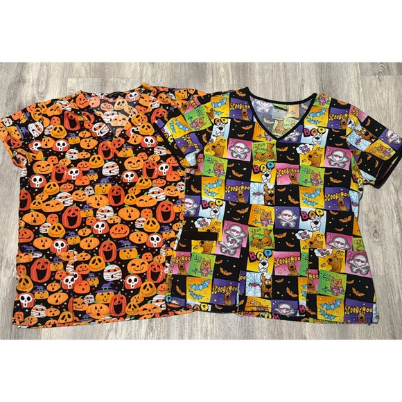 Scooby Doo Halloween Scrub Top Pumpkin Print V Neck‎ Short Sleeve Size M - Picture 1 of 8